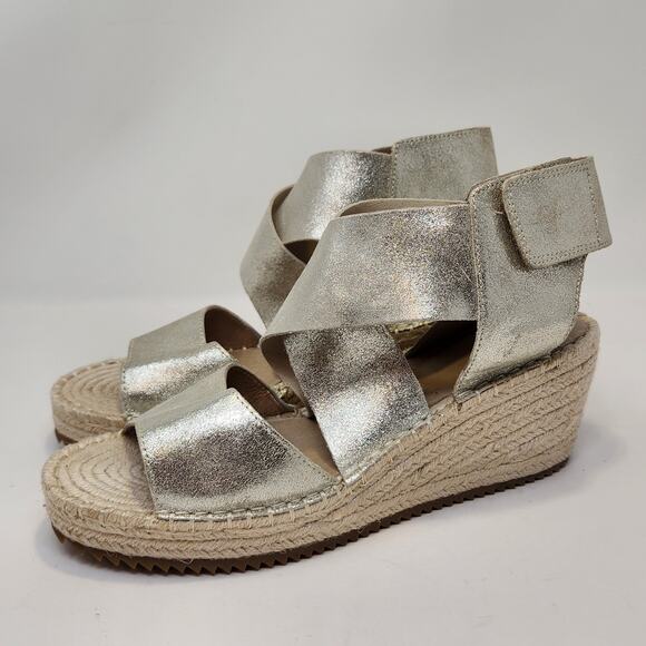 Eileen Fisher Willow Espadrille Wedge Sandals Size 9 Gold Metallic Leather - Picture 5 of 9